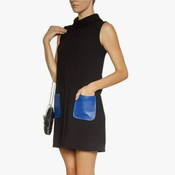Anthropologie Dina Agam Black Crepe & Blue Lambskin Mock Sleeveless Shift Dress - Picture 3 of 16